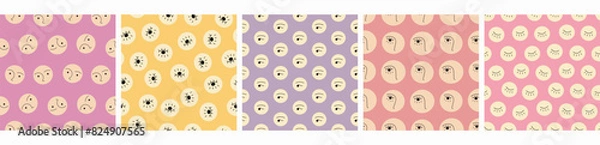 Fototapeta Five repeating patterns, abstract drawing. Simple cute shapes, flat vector, endless backdrop.