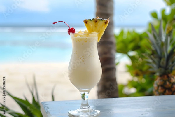 Obraz A freshly made piña colada topped with a cherry and a slice of juicy pineapple on a table by the beach