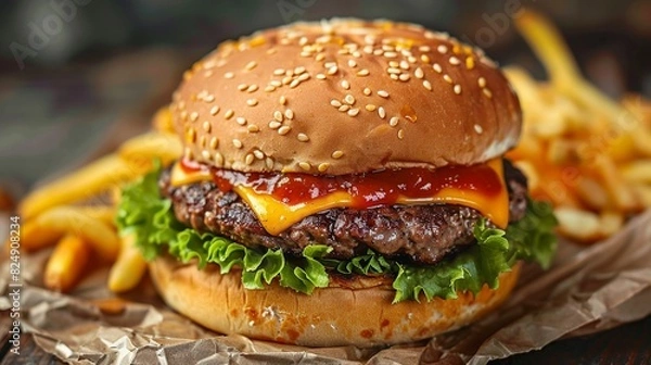 Fototapeta A cheeseburger with a sesame seed bun, lettuce, tomato, and cheese.