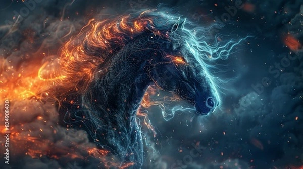 Fototapeta A digital painting of a horse with a long flowing mane and tail made of fire. The horse is standing in a field of tall grass, and there is a large tree in the background. The sky is dark and stormy, a