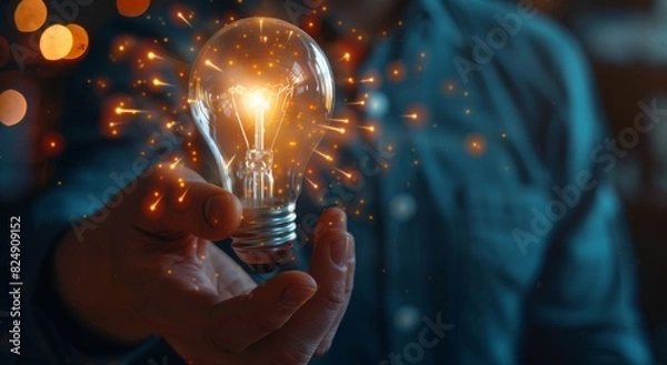 Obraz Businessman touching a glowing light bulb symbolizing innovative ideas and creativity