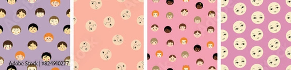 Fototapeta Four surface patterns bundle, attractive girlish faces. Creative seamless backdrop, feminine image, stylish repeating design.