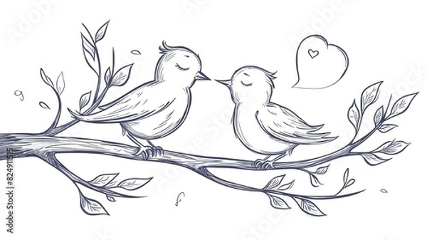 Fototapeta pencil drawing, love between two birds on a tree, cute sketch, AI generated image