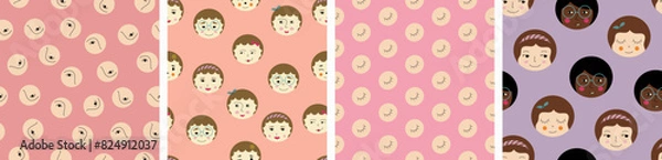 Fototapeta Set of four patterns, comely girlish faces. Simple design for branding, fabric, girl portrait, seamless texture.