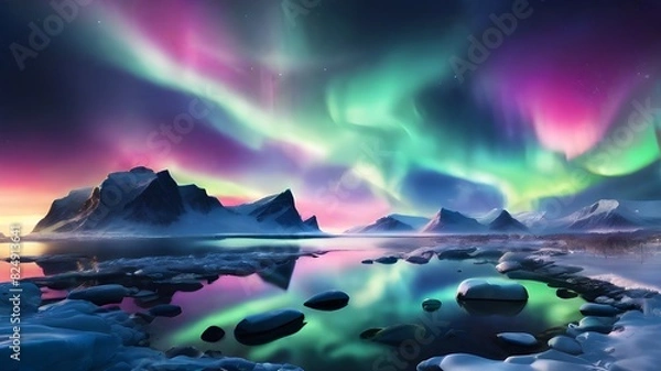 Obraz Gorgeous Northern or Southern lights of Aurora in a beautiful night sky. Aurora Borealis above the islands' sky. A bright sight in a nighttime winter landscape