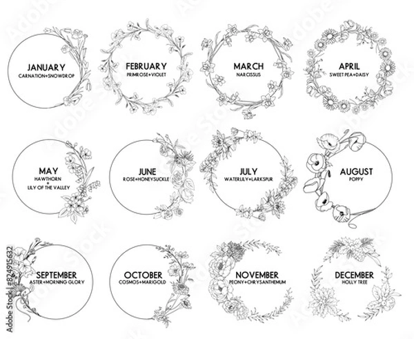 Fototapeta Birth month flower wreaths set, vector hand drawn isolated line art botanical frames for greeting cards and invitations