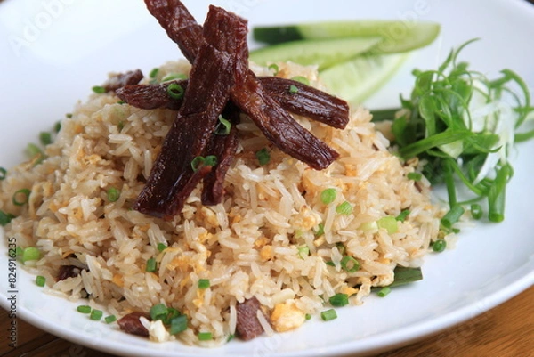 Obraz Homemade special Thai Fried Rice with Sun-dried meat, fried with oil, used on medium heat, not cooked until crispy.