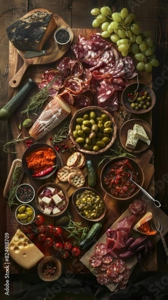 Fototapeta A highangle shot of a beautifully arranged Spanish tapas platter, featuring various cured meats, cheeses, and olives on a rustic wooden table