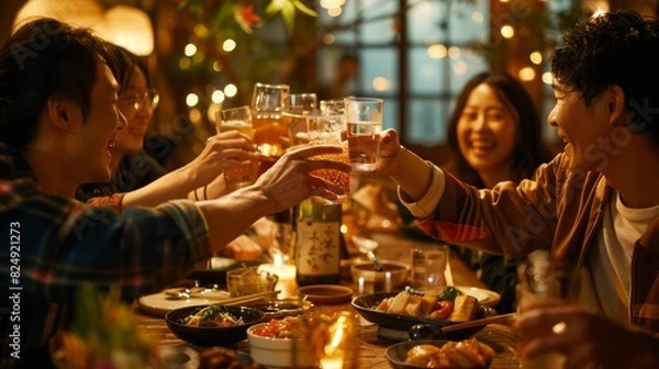 Fototapeta A lively izakaya scene with a group of friends sharing dishes and toasting with sake, captured from an intimate, overtheshoulder angle