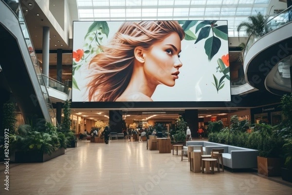 Fototapeta Large TV screen in the center of the shopping center. A beautiful model girl is depicted on the screen