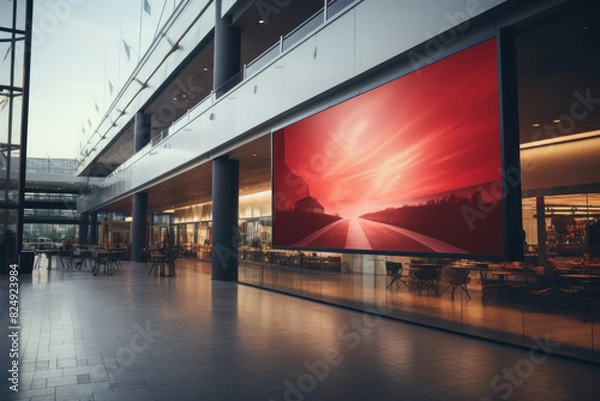 Fototapeta Large TV screen in the center of the shopping center. The concept of advertising platforms for business in malls