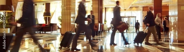 Fototapeta Motion-blurred business people walking through a hotel lobby, with suitcases and business attire