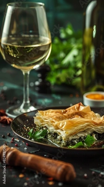 Fototapeta A serving of Greek spanakopita with a glass of white wine