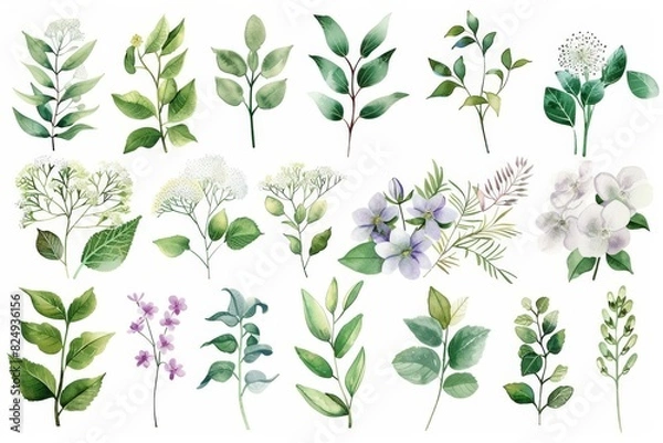 Fototapeta A collection of watercolor flower and leaf illustrations featuring various green foliage and delicate blossoms on a white background.