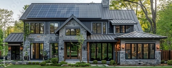 Fototapeta Design a modern house with a lot of windows. The house should be made of stone and have a solar panel roof. The house should have a large front porch and a backyard with a pool.