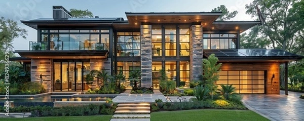 Fototapeta Design a modern house with a pool. The house should have a lot of glass windows and a modern design. The house should be surrounded by trees and have a beautiful landscape.