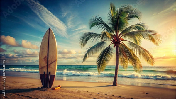 Fototapeta surfboard-and-palm-tree-on-beach-with-beach-sign