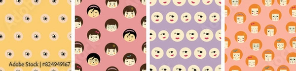 Obraz Set of four patterns, pretty girlish faces. Continuous design with creative shapes, feminine look, repeating texture.