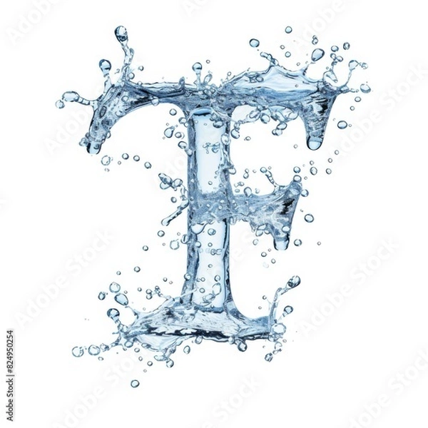 Fototapeta Ice letter F. Aquamarine Latin letter made of water and splash on white background. Letter F water splash alphabet isolated on white. 3D rendering illustration.