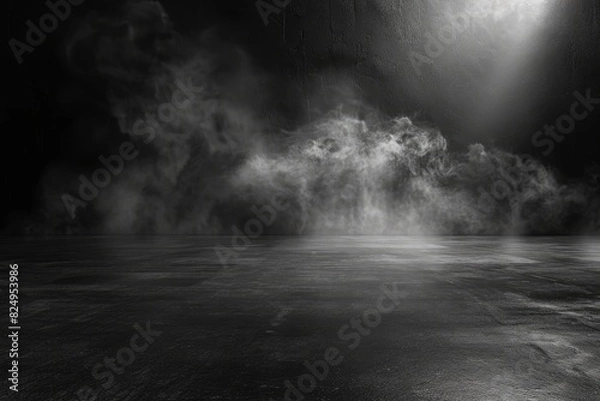 Fototapeta Abstract image of dark room concrete floor. Black room or stage background for product placement.Panoramic view of the abstract fog, mist or smog moves on black background  - generative ai