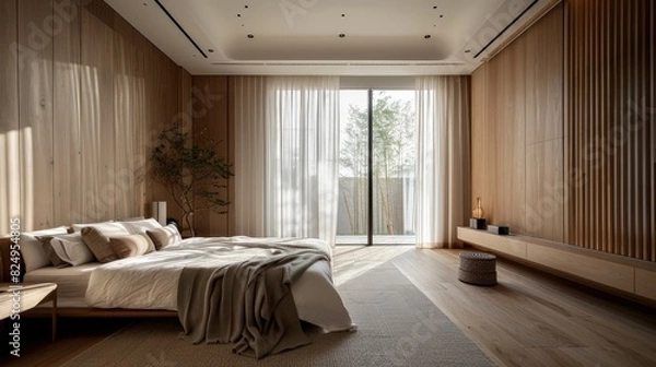 Fototapeta The AI-generated photo shows a modern bedroom with a large bed, a sitting area, and a view of the city