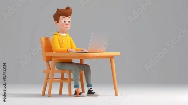 Fototapeta 3D illustration of a man sitting at a desk and working on his laptop.