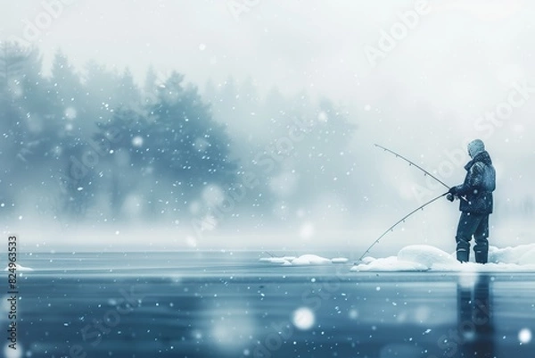 Fototapeta illustration of a fisherman fishing in winter