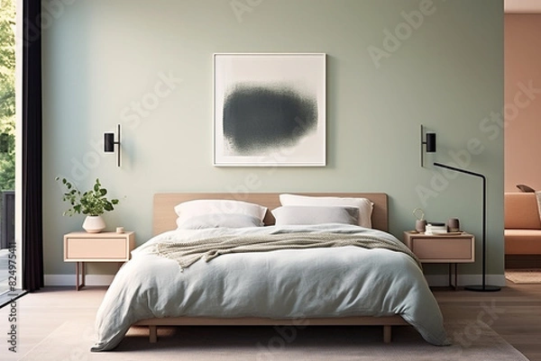 Fototapeta A calming bedroom boasting a pale peach wall, a minimalist navy-blue bed, and hints of sage green in the decor, offering a peaceful haven.