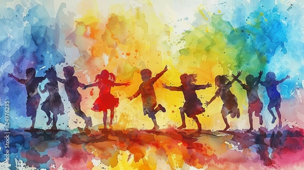 Fototapeta Vibrant watercolor scene of children dancing with joy and freedom.