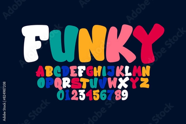 Fototapeta Vector of modern comical font and alphabet. Playful style font design, colorful childish alphabet, letters and numbers vector illustration
