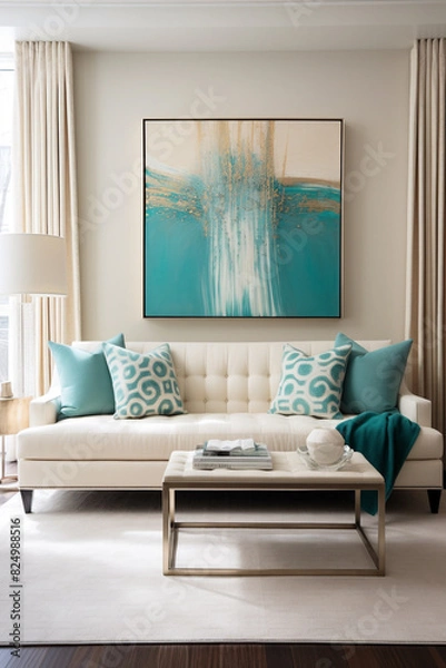 Fototapeta A contemporary living area highlighted by a splash of turquoise amidst neutral tones, boasting simplicity with a blank white frame as the centerpiece.