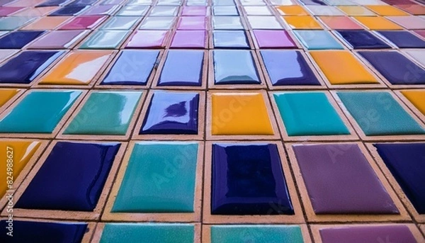 Fototapeta The floor without interior details covered with ceramic tiles, lacquered surface, close up