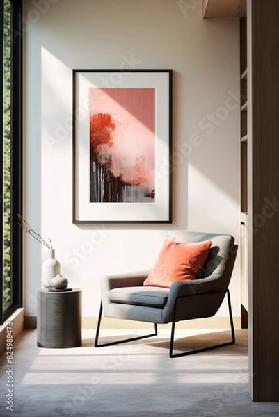 Fototapeta A contemporary living room with a coral-colored accent chair, a low-profile table, and a blank white frame on the wall