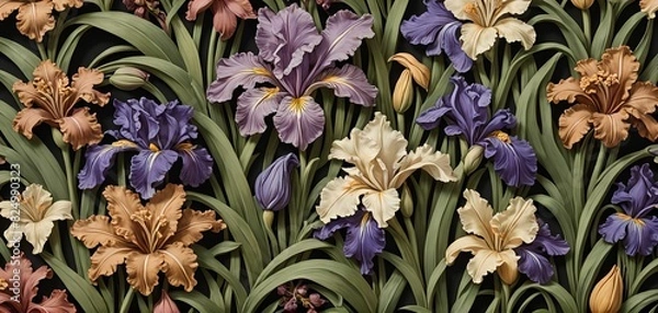 Fototapeta relief wallpaper depicting a pattern of various flowers, berries and leaves. Harmonious illustration in the artistic sense;