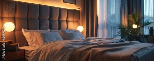 Fototapeta Serene bedroom with a neatly made bed, soft lighting, and elegant decor