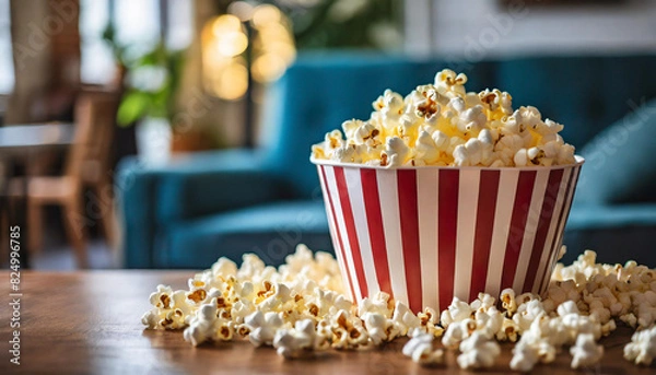 Fototapeta Close-up view of a background filled with freshly popped popcorn. The golden, fluffy kernels create a textured, mouthwatering scene, evoking feelings of warmth, comfort, and cinematic nostalgia
