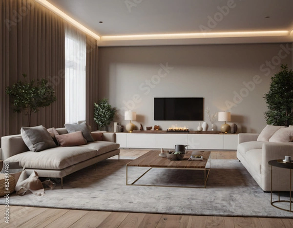 Obraz 3D render of a modern living room interior, emphasizing comfort and style. Incorporate sleek furniture, a neutral color palette with pops of color, ambient lighting, tasteful décor