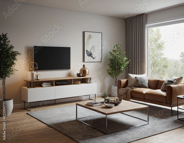 Fototapeta 3D render of a modern living room interior, emphasizing comfort and style. Incorporate sleek furniture, a neutral color palette with pops of color, ambient lighting, tasteful décor