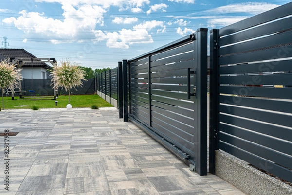 Obraz A modern panel fence in anthracite color, visible sliding gate to the garage and a slab driveway.