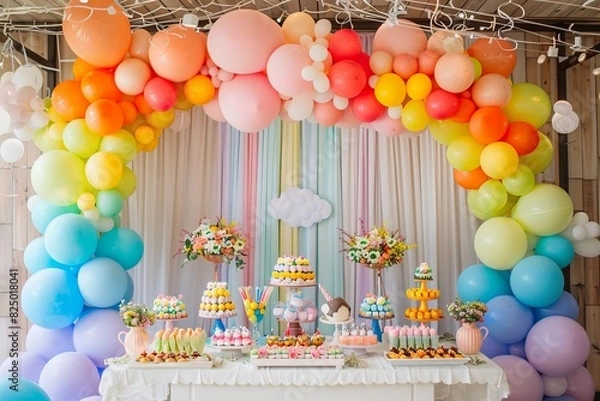 Obraz Party festive birthday photo zone with colorful balloons