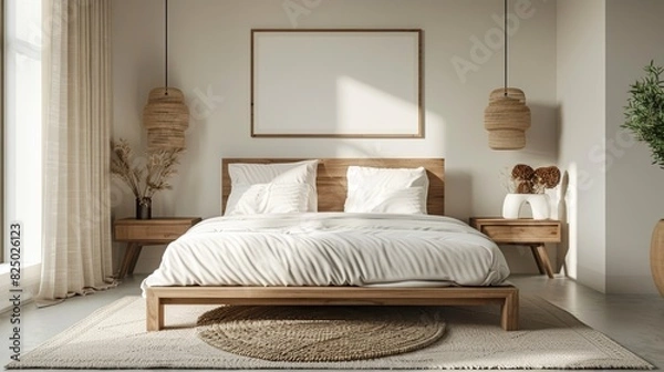 Fototapeta A minimalist bedroom with a neatly made bed, a few essential furnishings, and soft, neutral colors.