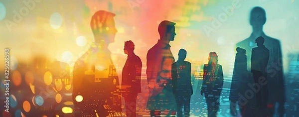 Obraz Business people team standing in double exposure with abstract digital collage background. The concept of global business, diversity and change management presented in the style illustrations.