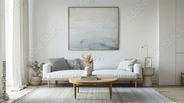 Fototapeta A minimalist living room with a white sofa, a small coffee table, and a single piece of abstract art on the wall, creating a clean and uncluttered environment.