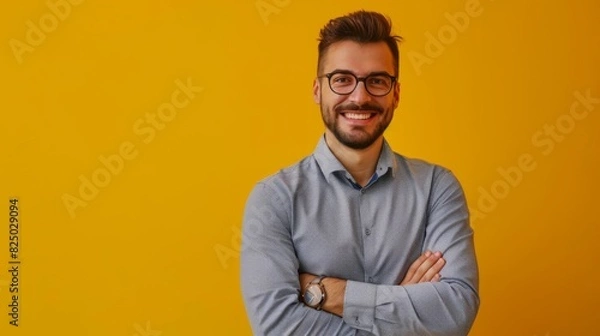 Fototapeta a handsome, smiling business guy wearing a shirt and glasses, feeling confident with crossed arms, isolated on a yellow background