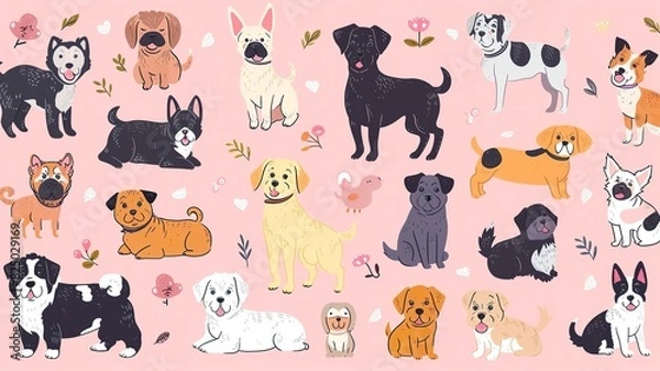 Fototapeta lots of cute puppies, different, for stickers. Generated by AI