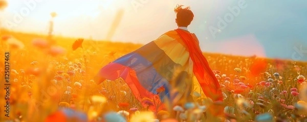 Fototapeta Confident LGBTQ individual wearing a pride flag as a cape, standing in a field of flowers, sunlight filtering through, strong pose, vibrant colors, isolated on nature background, copy space.