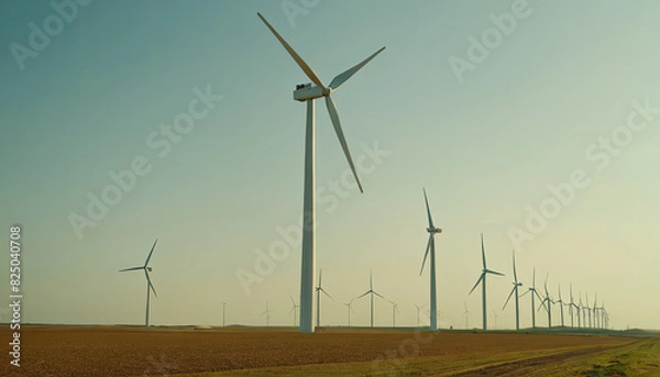 Fototapeta Numerous wind turbines are standing in a field under the bright sun, harnessing renewable energy with their rotating blades