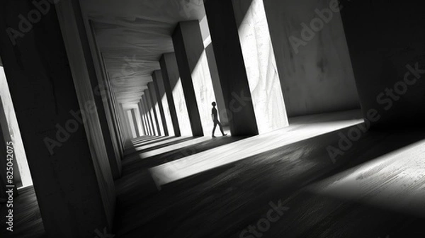 Fototapeta Concept of Depression: Solitary Figure Walking Through Endless Corridor