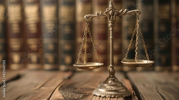 Fototapeta Scales of justice on wooden desk, close-up view, symbolic representation, balanced scales, legal books in background, law and order, isolated setting, copy space.