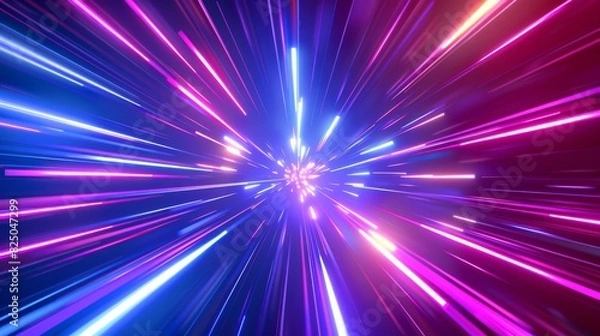 Obraz Bright neon streaks of light in purple and blue hues on a transparent background